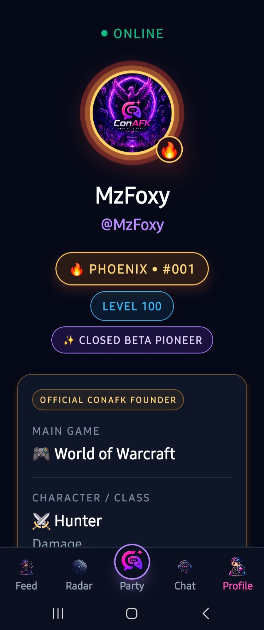 ConAFK gamer profile screen