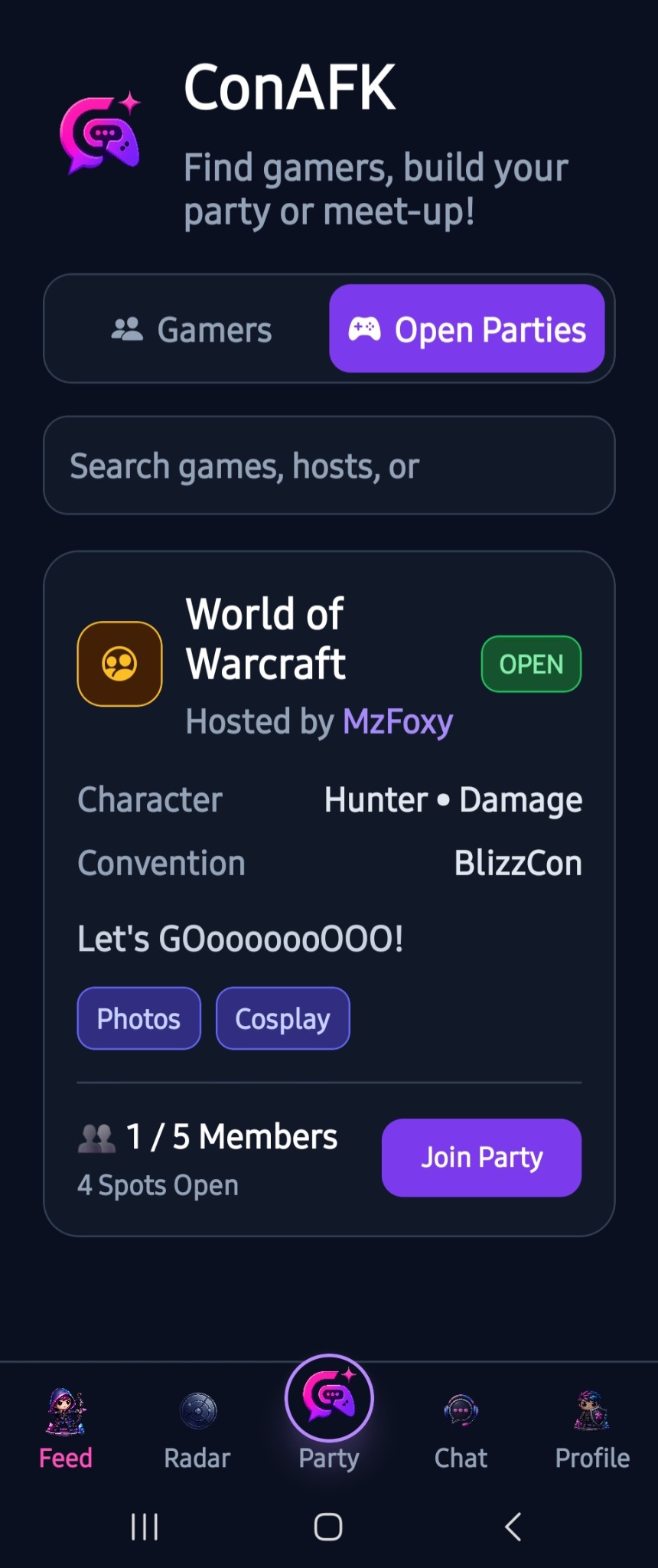 ConAFK create party screen